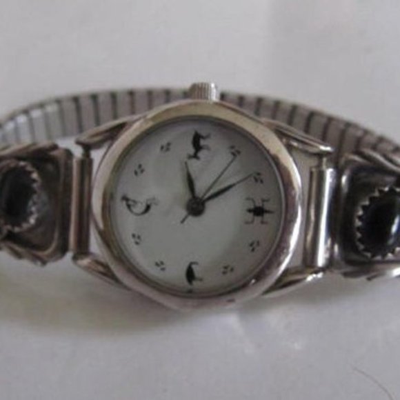 Navajo Watch Black Onyx Watch Bracelet Sterling Silver RB Southwestern Watch - Picture 1 of 4